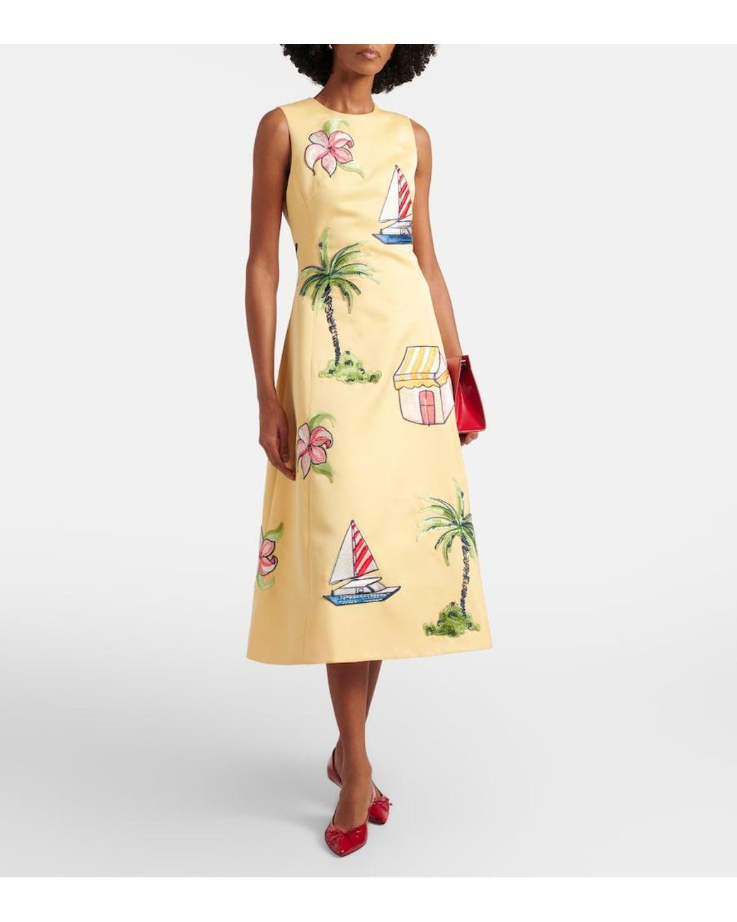 LEO LIN Yellow Beaded Patch-Applique Midi Dress