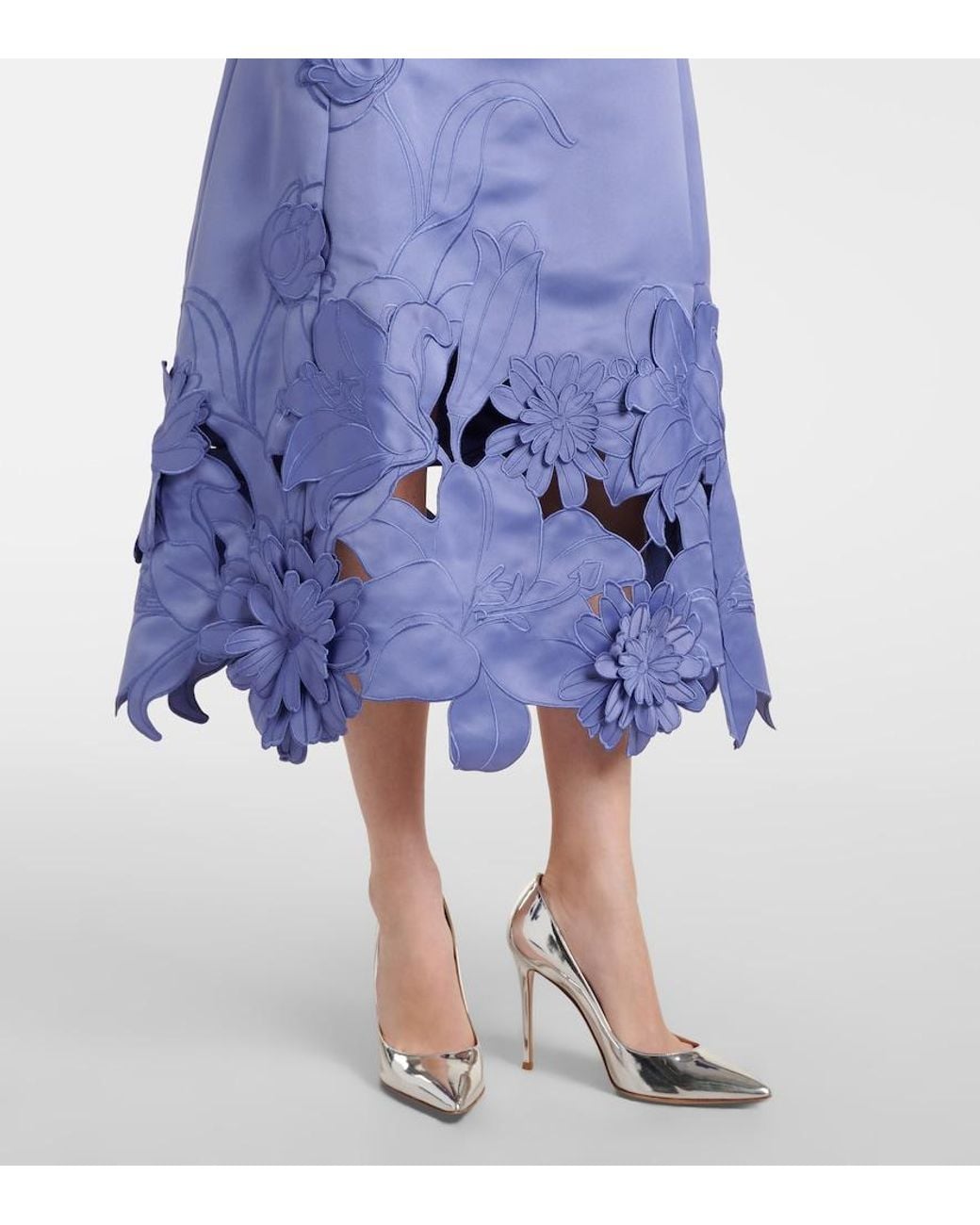 LEO LIN Blue Caroline Floral-Applique Satin Midi Dress