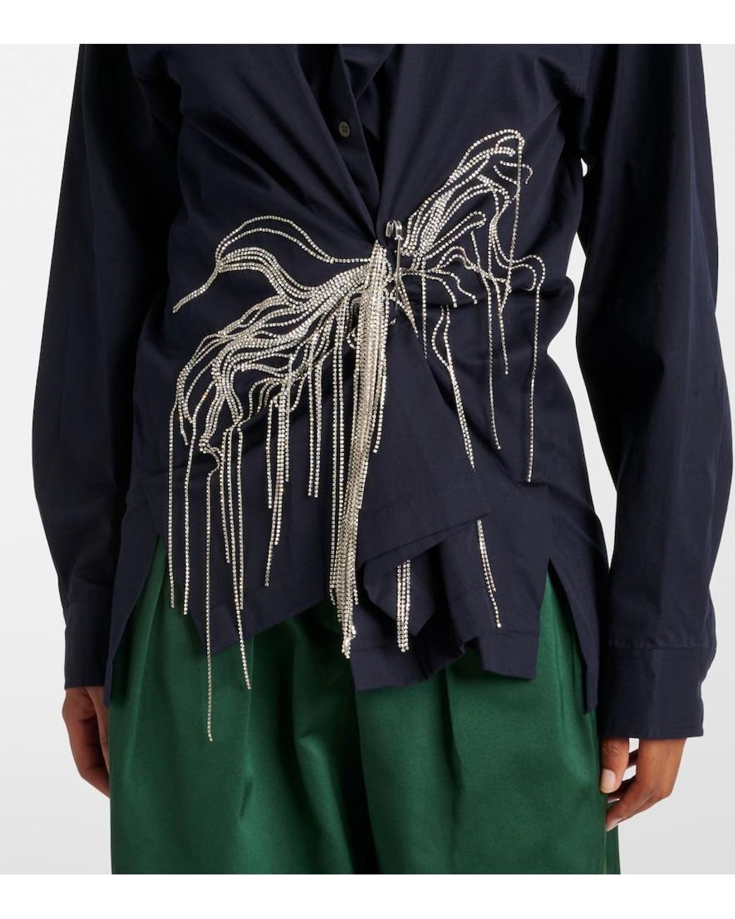 Dries Van Noten Blue Embellished Draped Cotton Gabardine Shirt