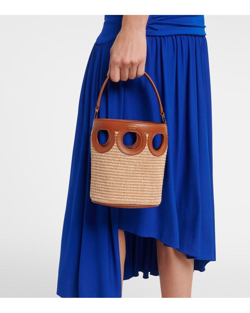 Ferragamo Brown Gancini Small Raffia Bucket Bag