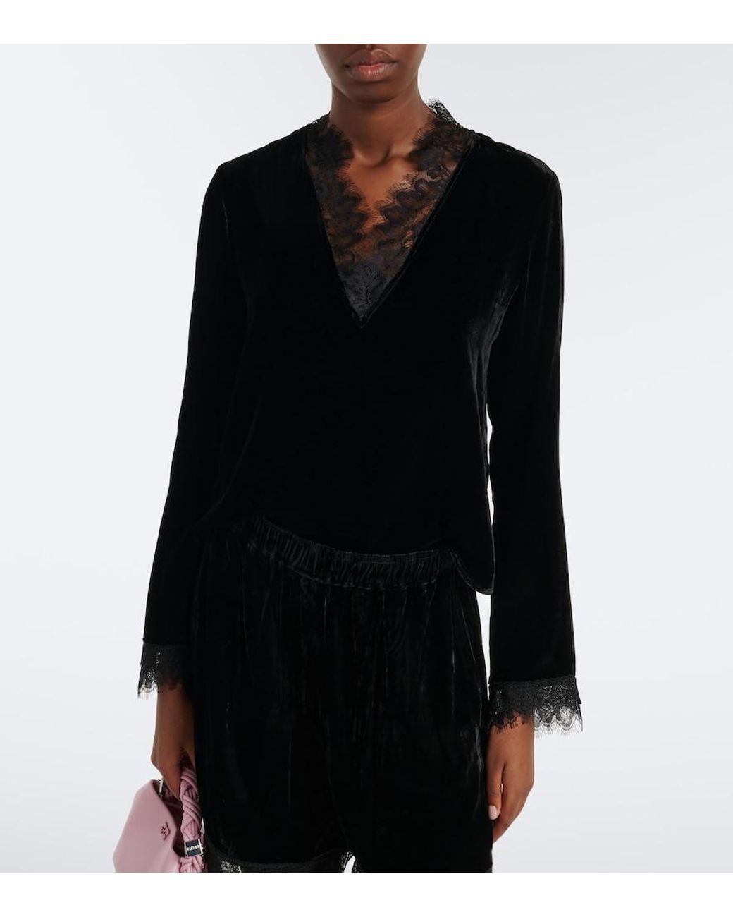 Ganni Black Lace-Trimmed Velvet Top