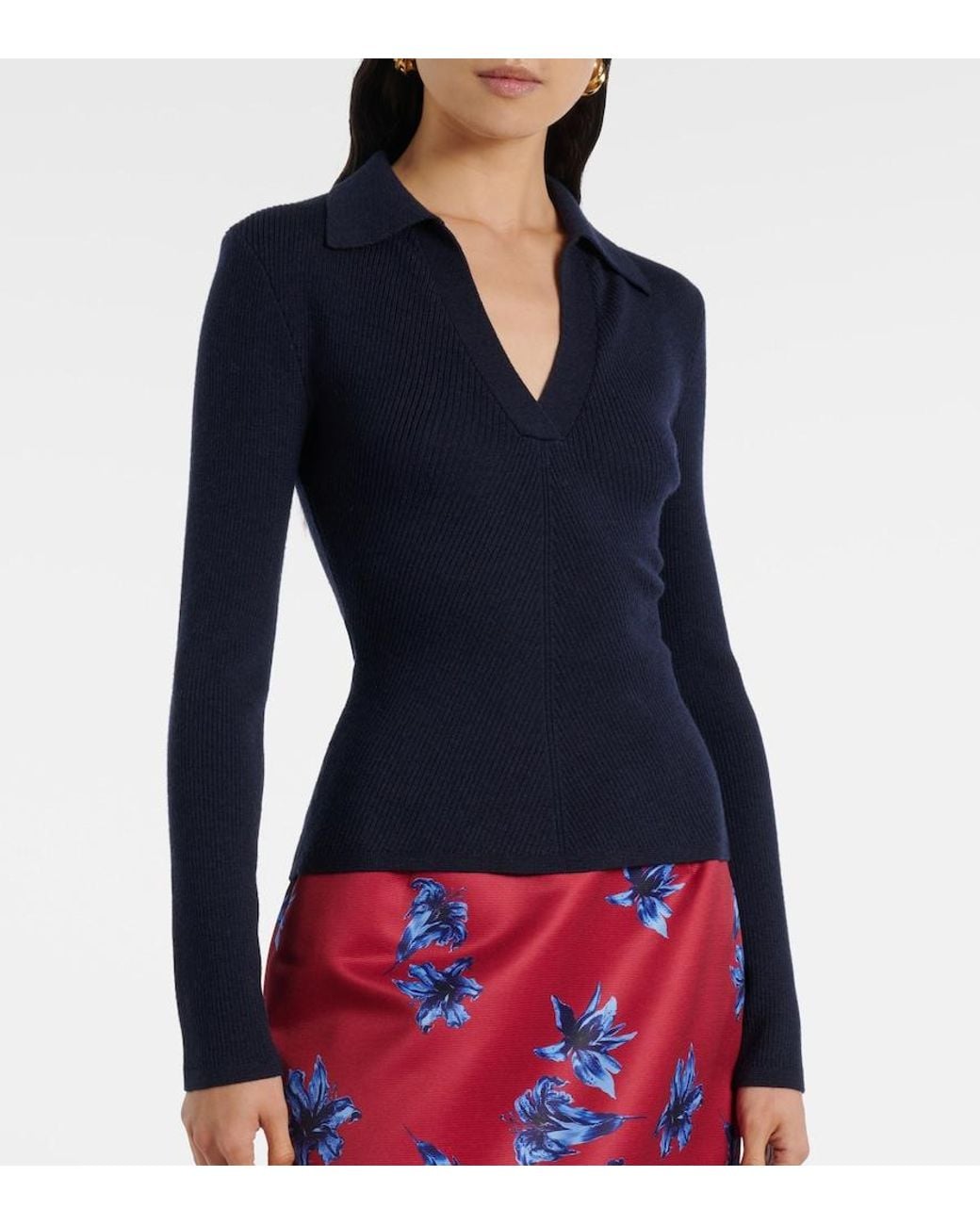 Emilia Wickstead Blue Austin Ribbed-Knit Wool Polo Sweater