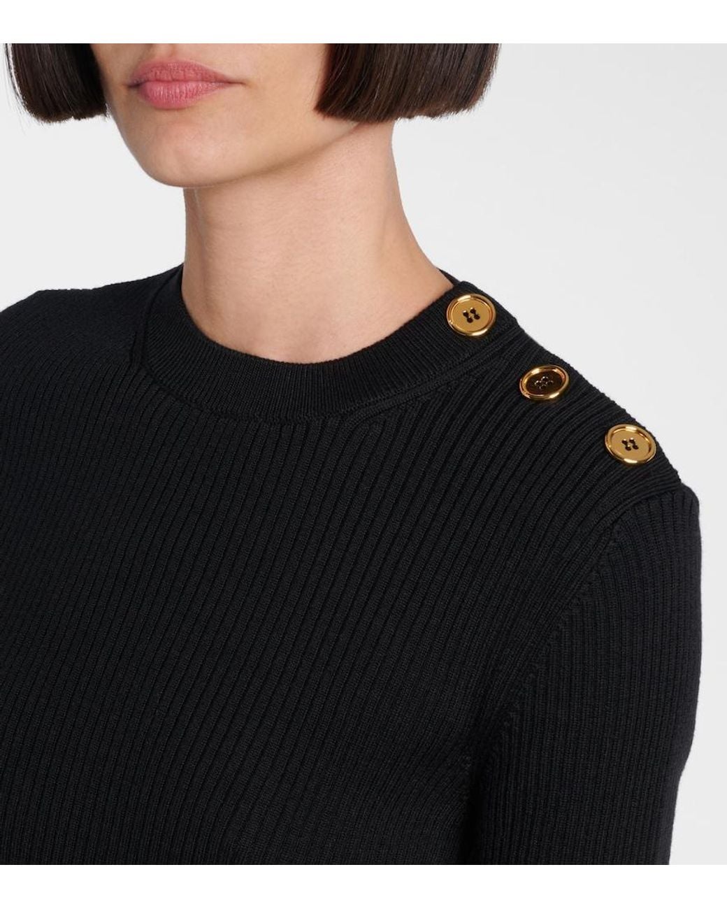 Patou Black Ribbed-Knit Peplum Wool Top