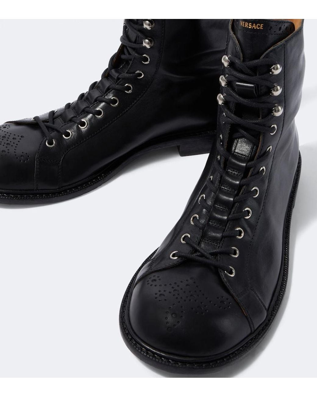 Versace Black Billy Perforated Leather Combat Boots for men