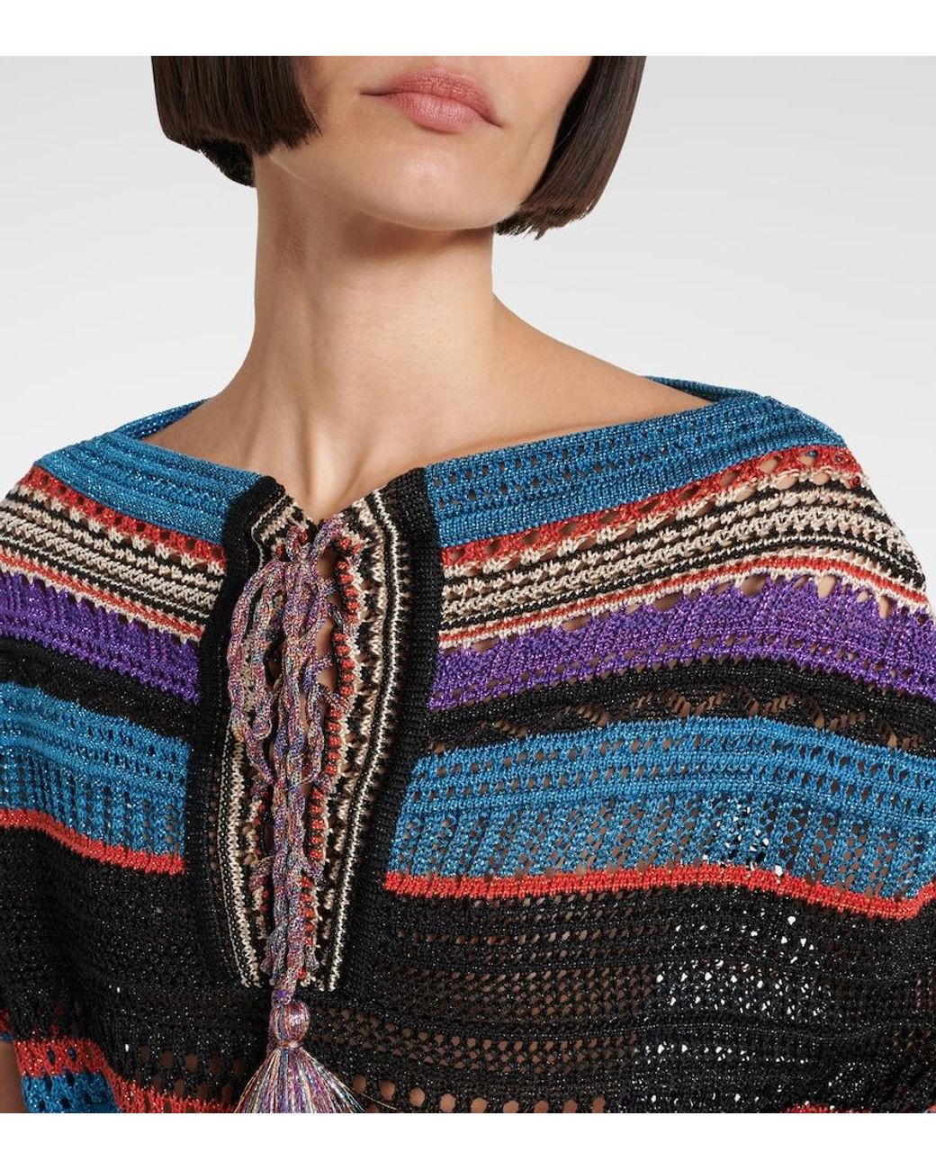 Valentino Garavani Blue Crochet Striped Lame Poncho