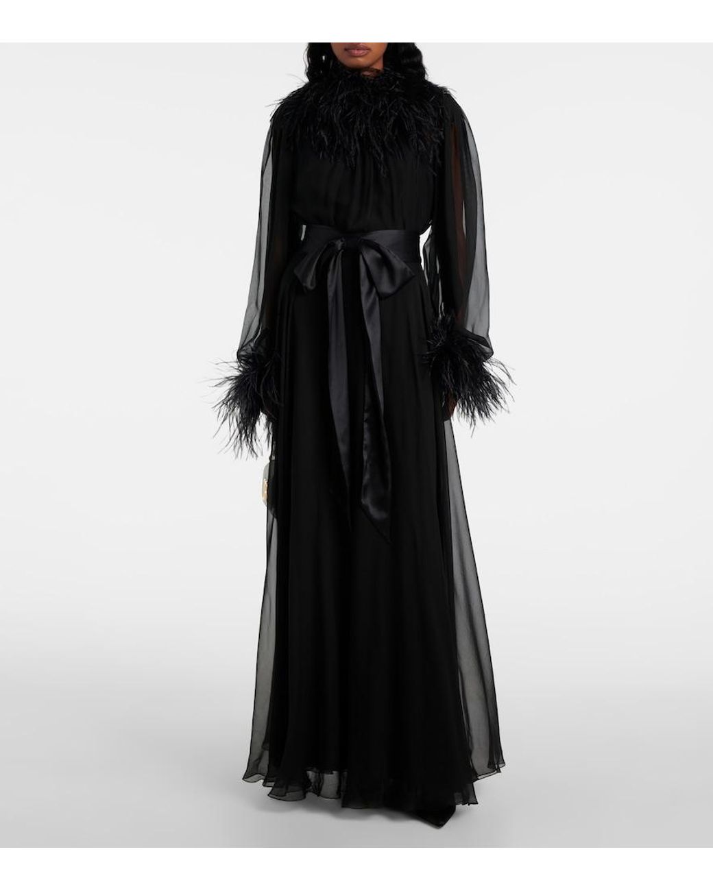 Dolce & Gabbana Black Feather-Trimmed Silk Chiffon Gown