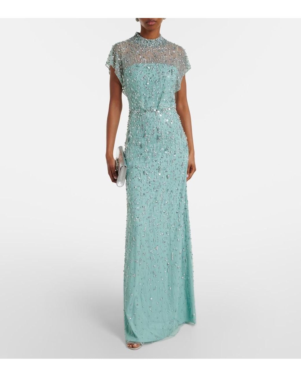 Jenny Packham Blue Crystal Drop Embellished Gown