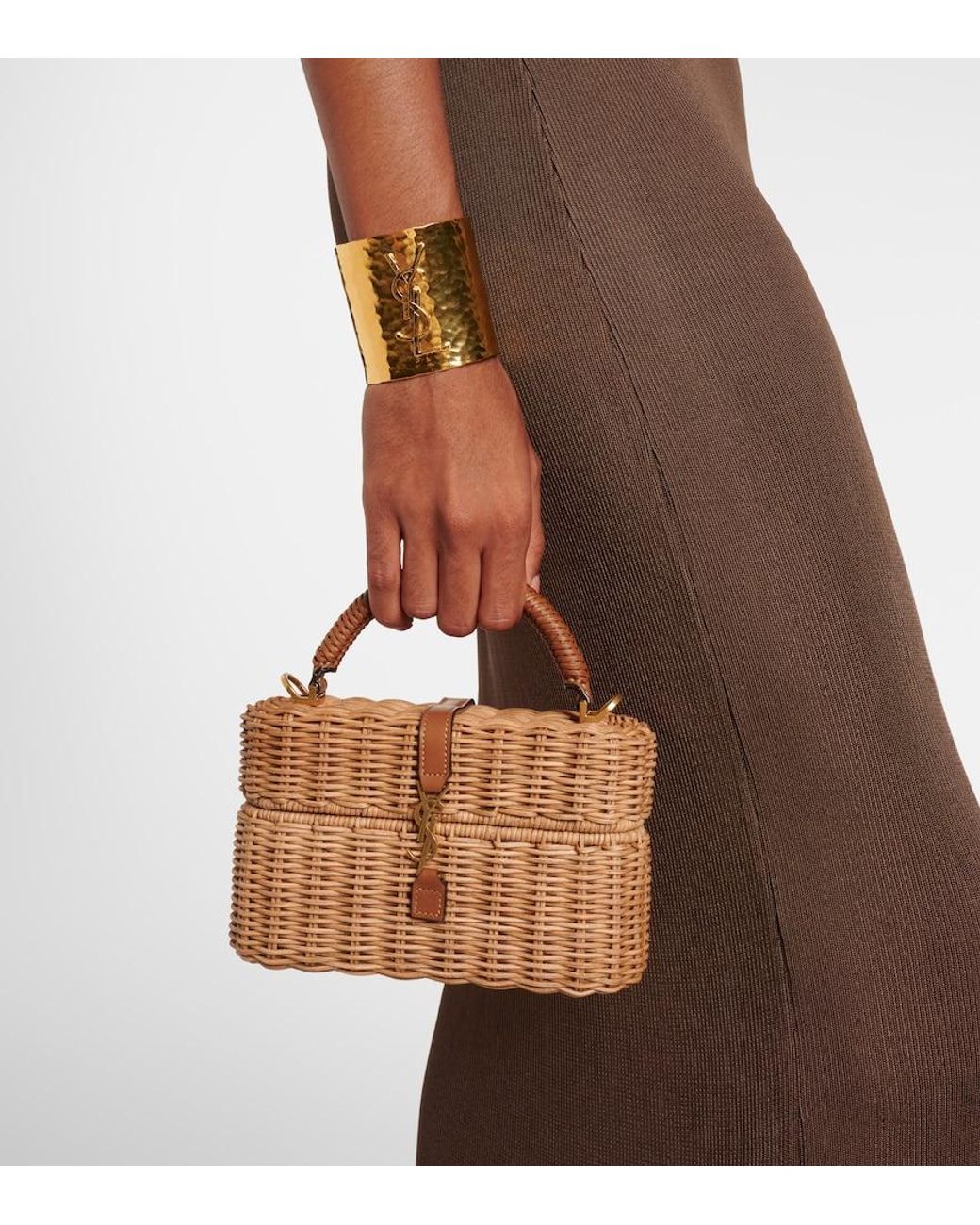 Saint Laurent Brown Gaby Leather-Trimmed Wicker Vanity Bag