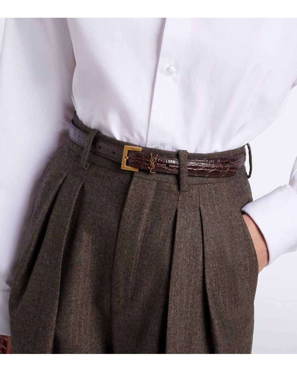 Saint Laurent Black Cassandre Croc-Effect Leather Belt