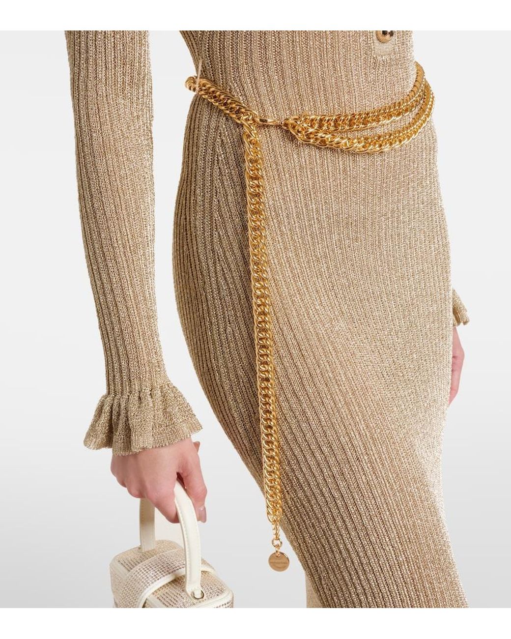 Self-Portrait Natural Ribbed-Knit Lame Midi Dress