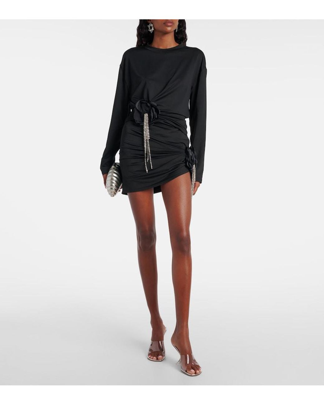 Area Black Draped Embellished Jersey Miniskirt