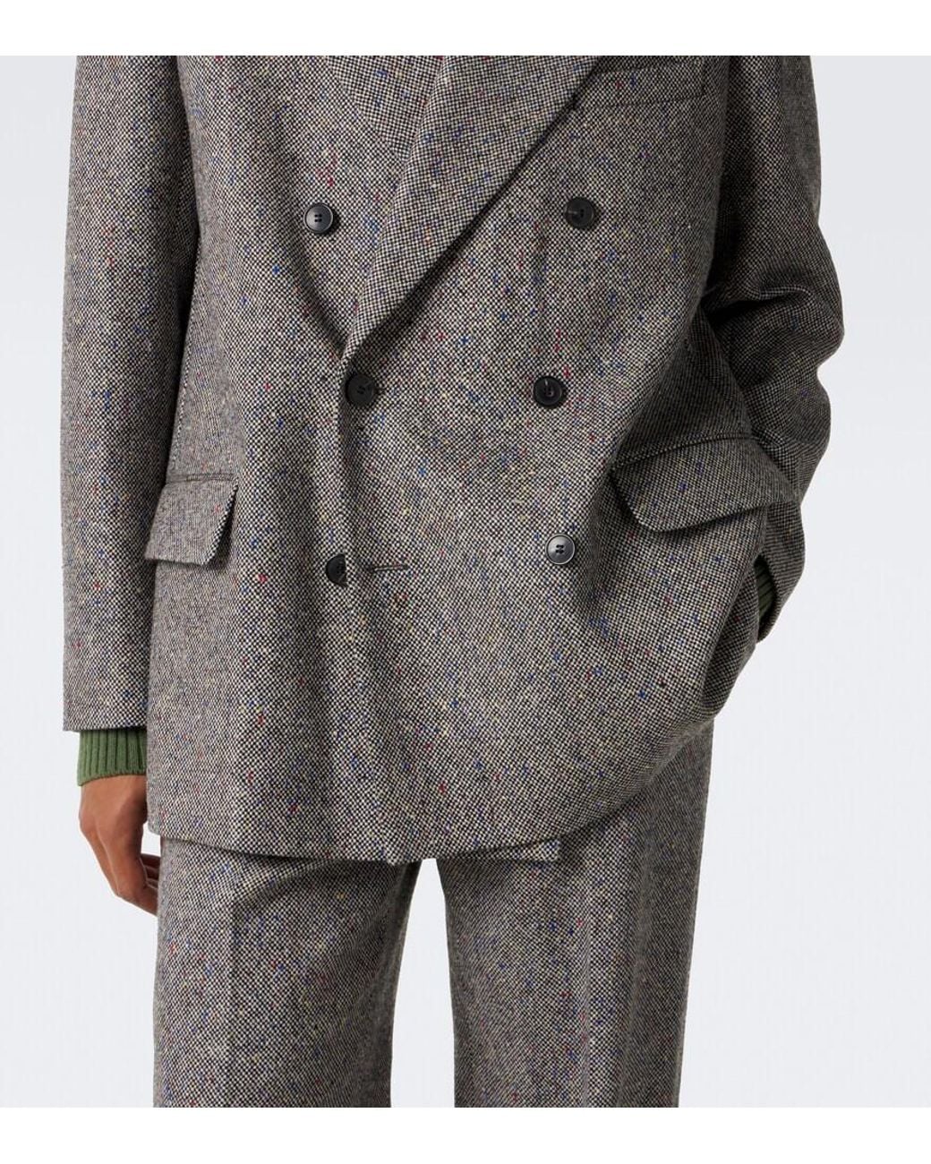 Dries Van Noten Gray Checked Double-Breasted Wool Blazer for men