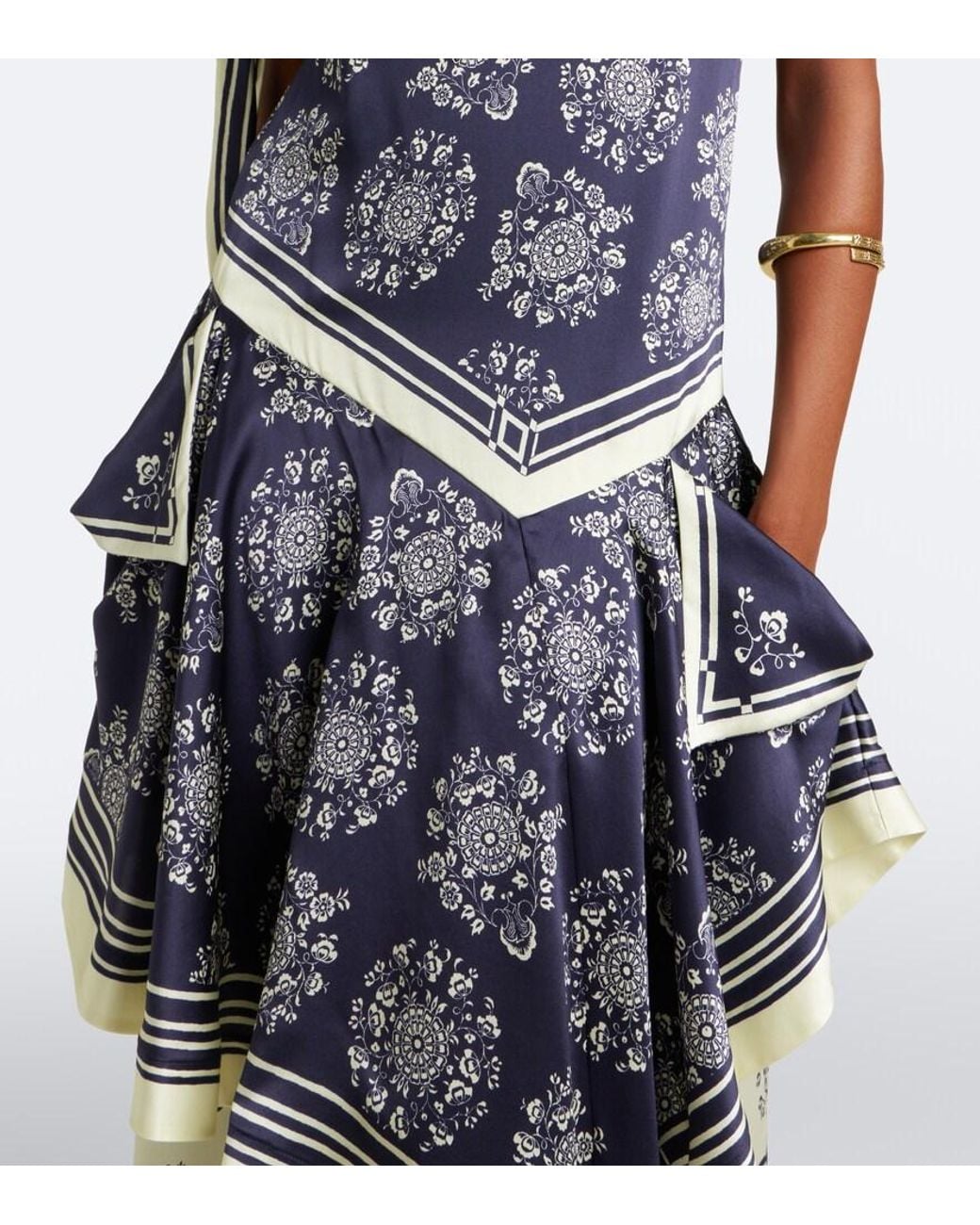ALÉMAIS Blue Banderra Asymmetric Floral Silk Midi Dress