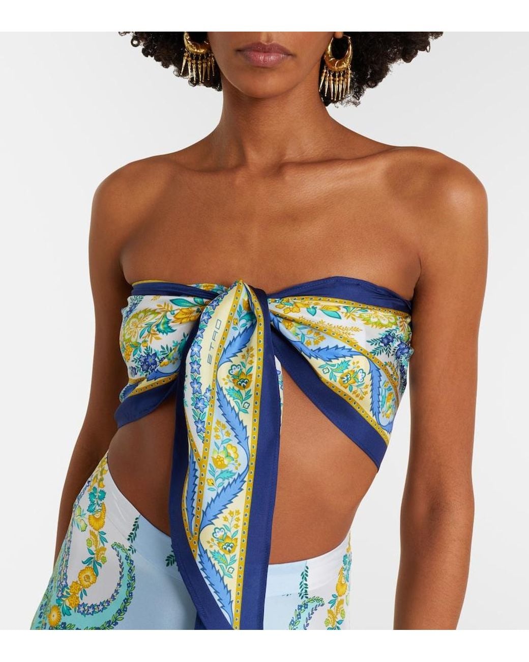 Etro Blue Printed Silk Bandeau Top