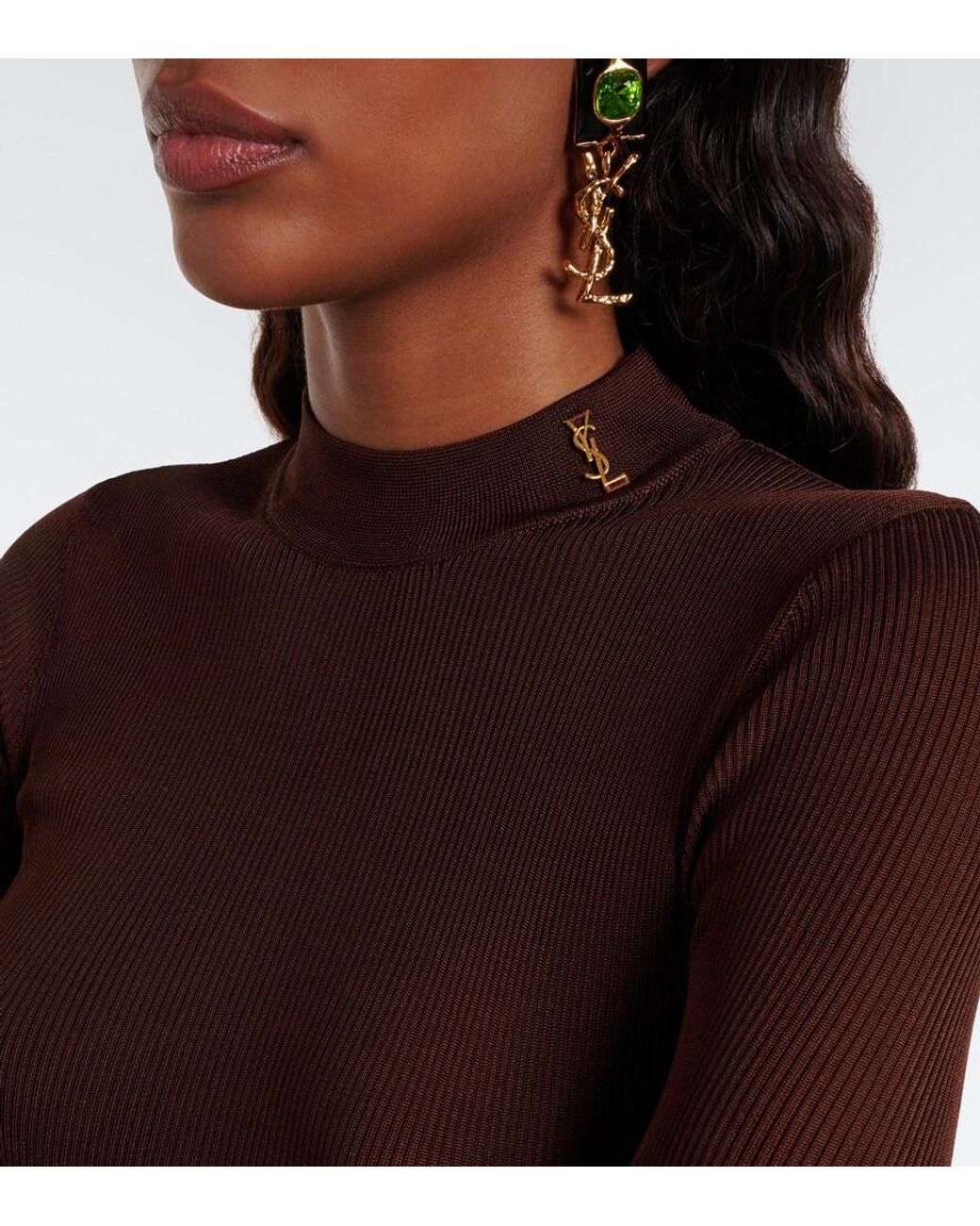 Saint Laurent Brown Cassandre Ribbed-Knit Silk Maxi Dress