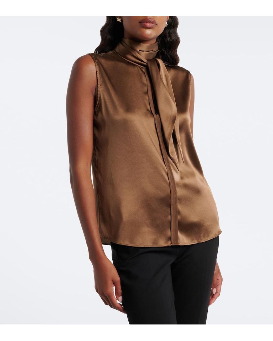 Dorothee Schumacher Brown Sense Of Shine Tie-Neck Silk-Blend Satin Top