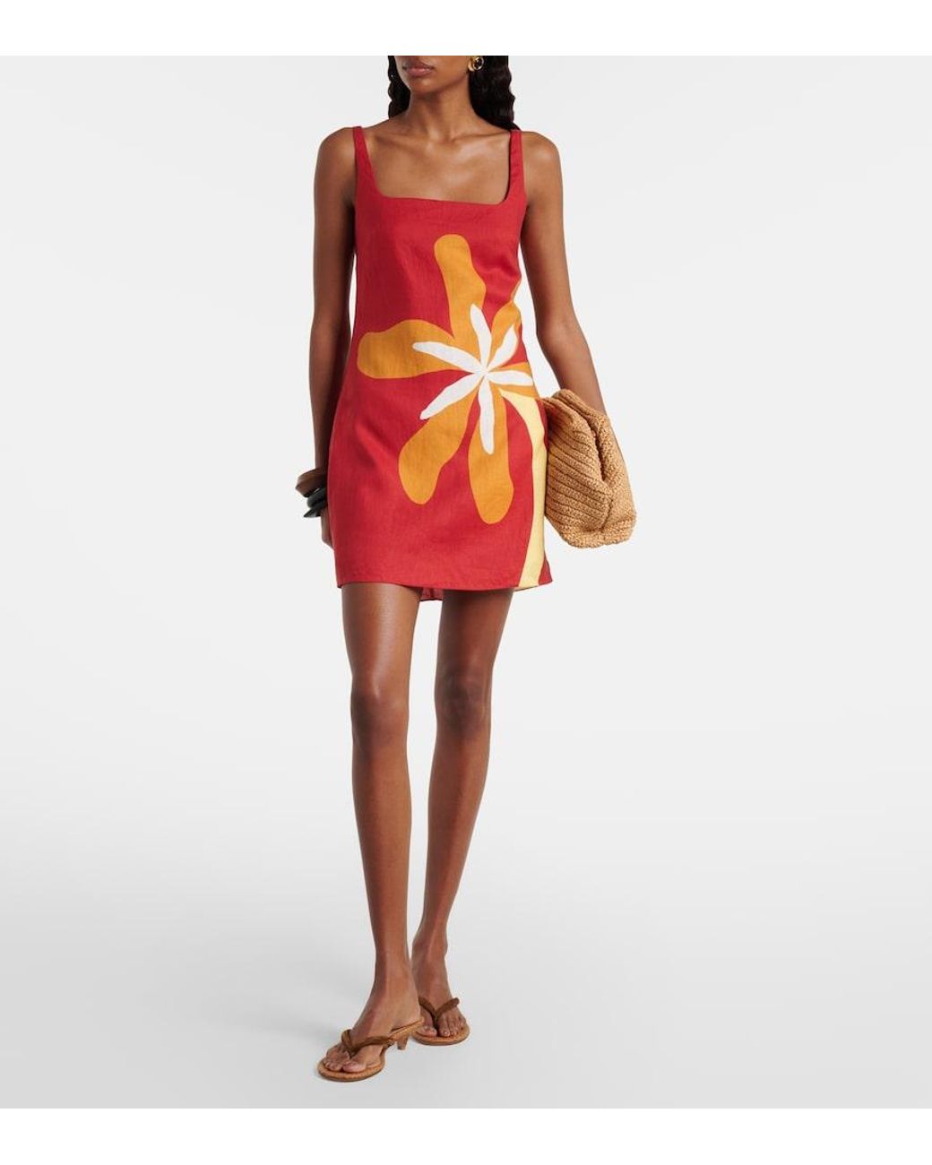 Cala De La Cruz Red Siela Floral Linen Minidress