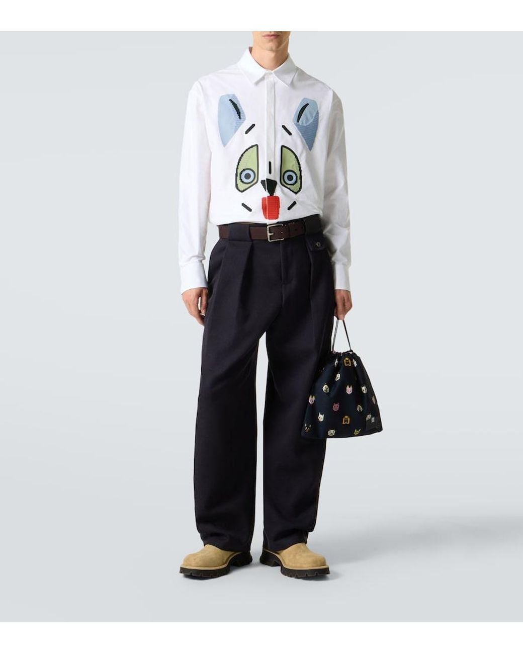 Loewe White Cat Face Embroidered Cotton Shirt for men