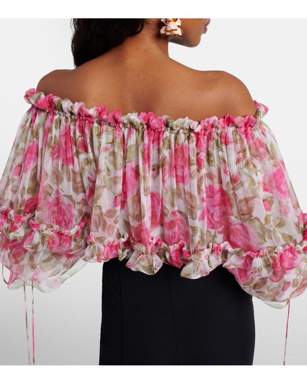 Chloé Pink Floral Off-Shoulder Silk Top