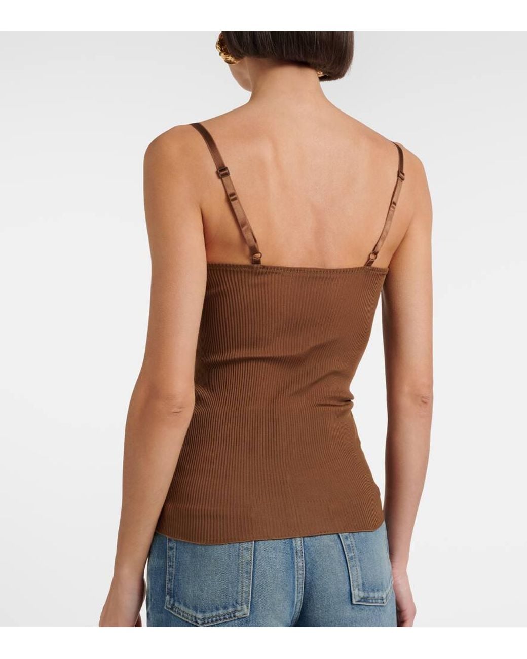 Tank Top Acanalado De Seda Con Encaje Saint Laurent de color Brown