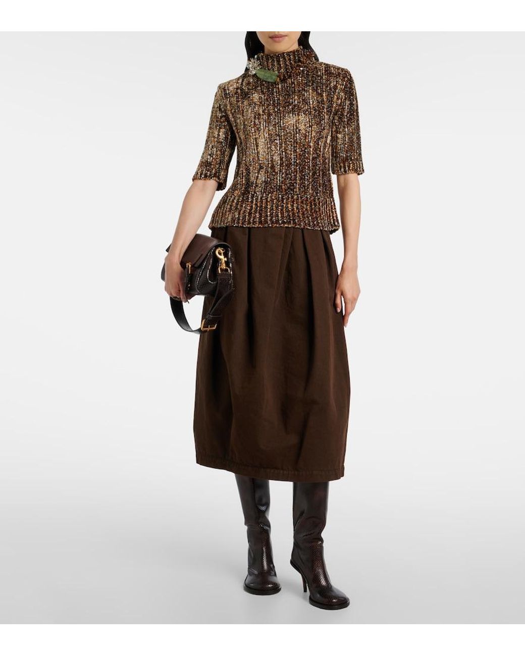 Dries Van Noten Brown Draped Denim Midi Skirt