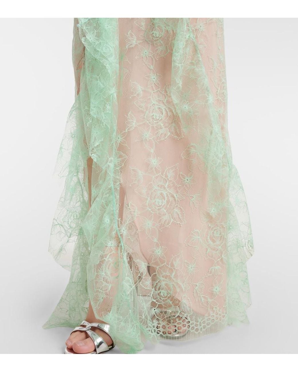 Blumarine Green Ruffled Sheer Lace Gown