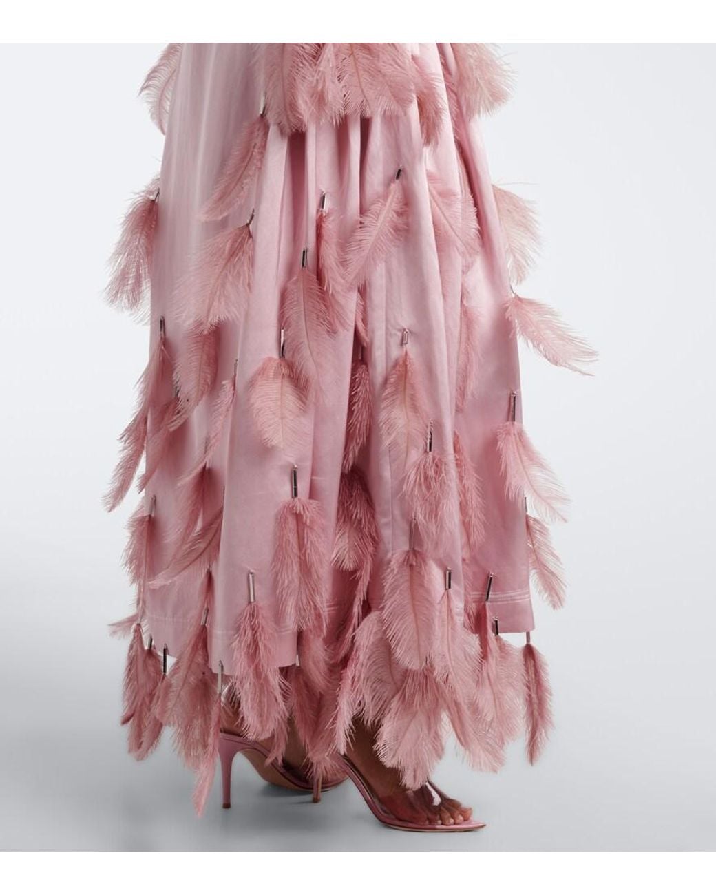 JACQUES WEI Pink Feather-Trimmed Satin Gown