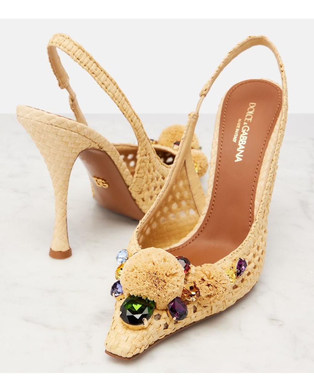 Dolce & Gabbana Metallic Embellished Raffia-Effect Slingback Pumps