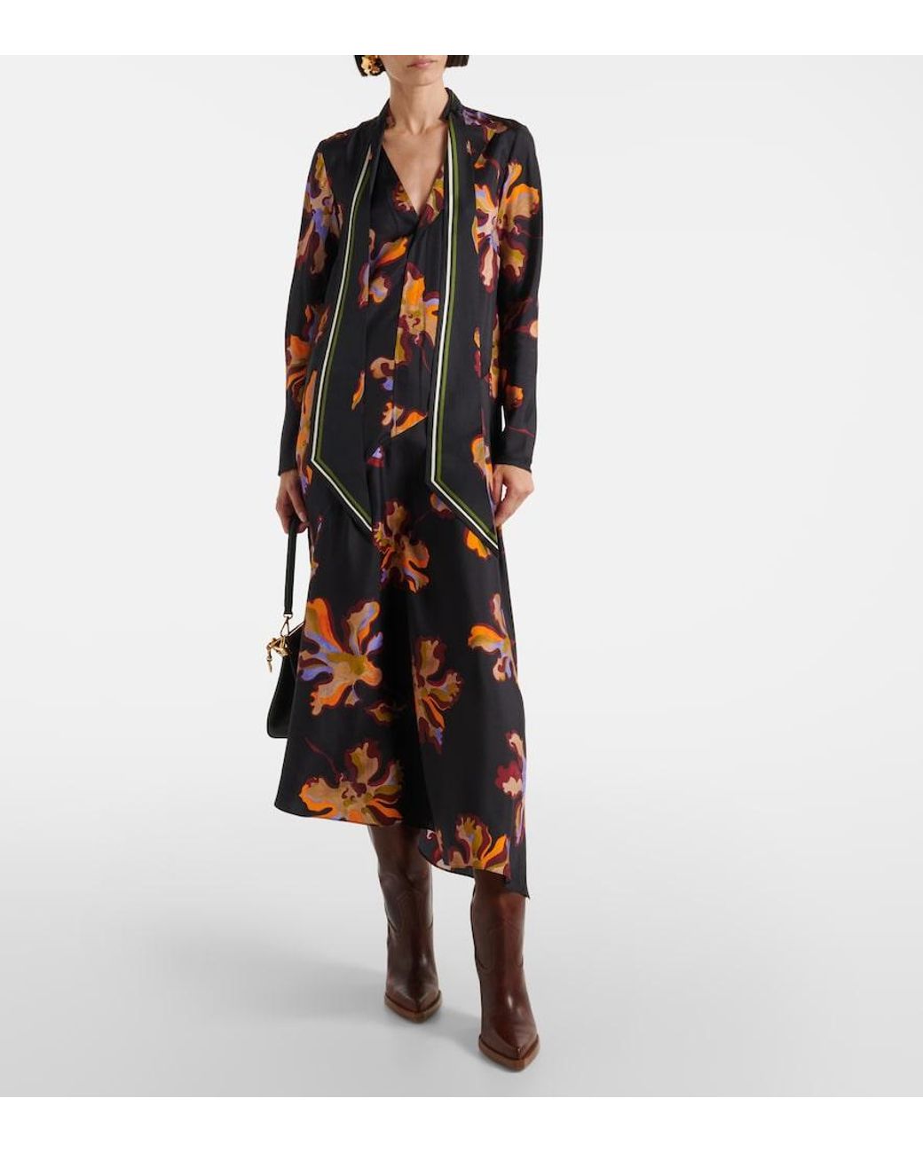 Dorothee Schumacher Black Asymmetric Printed Silk Twill Midi Dress