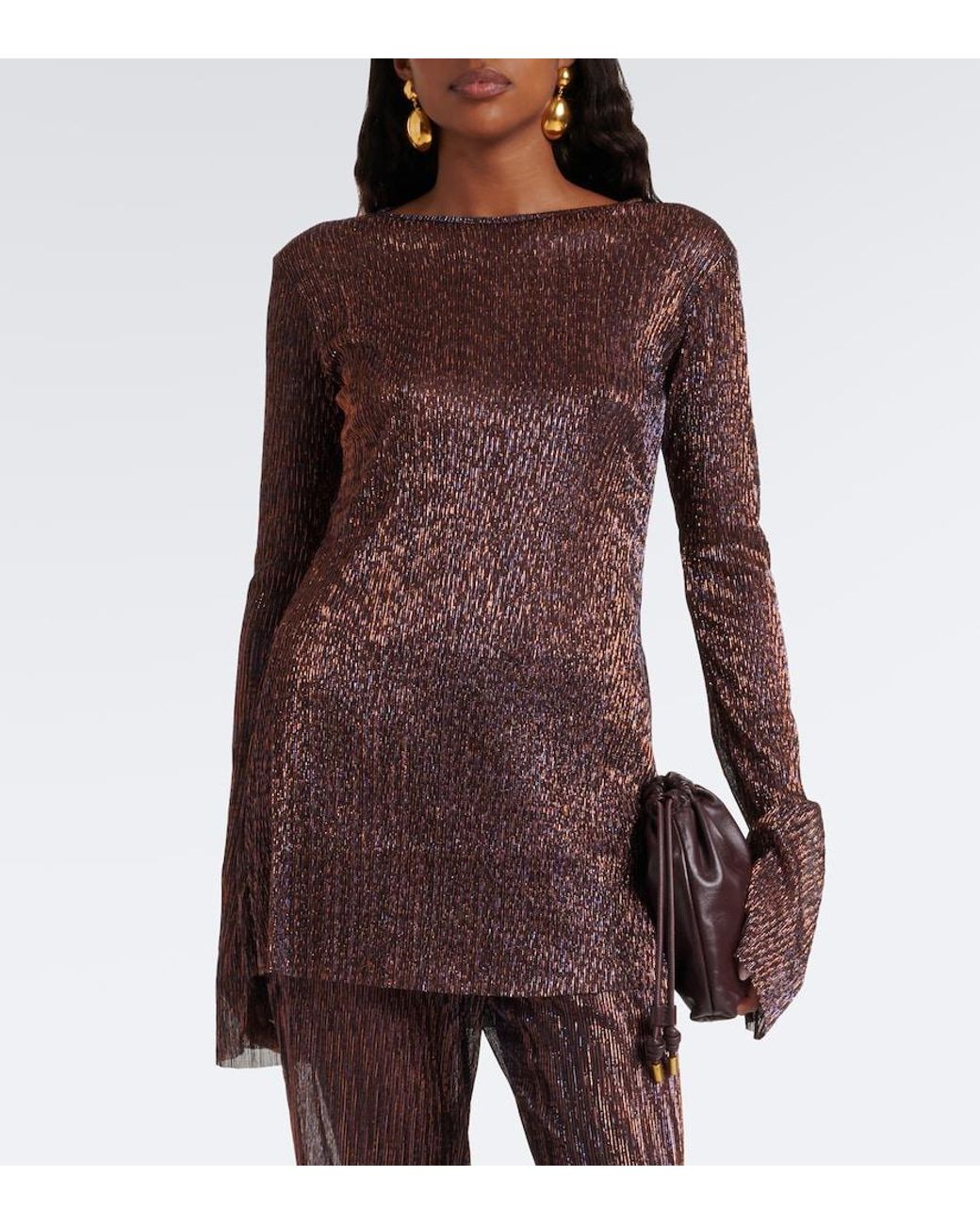 Cala De La Cruz Brown Loreta Knitted Lame Top