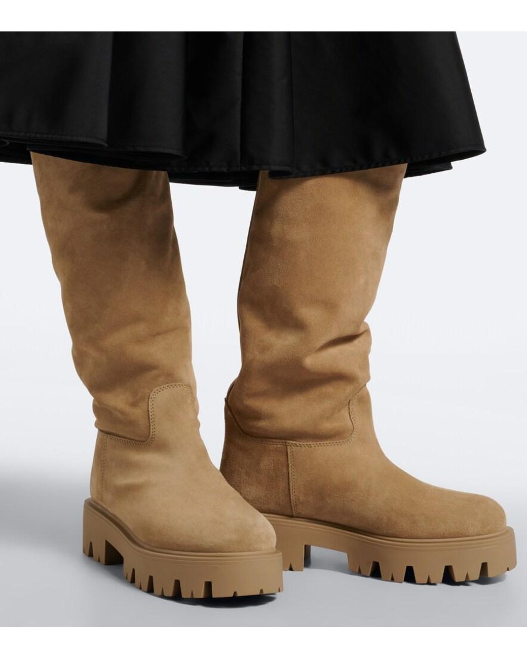 Prada Natural Shearling-Lined Suede Knee-High Boots