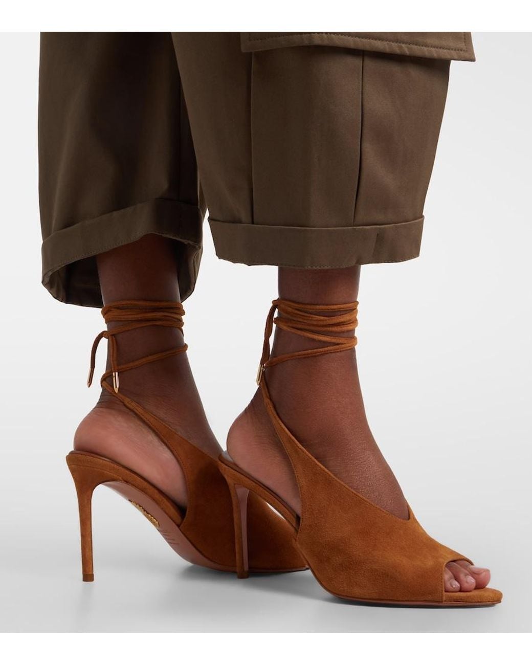 Aquazzura Brown Lais Suede Peep-Toe Slingback Pumps