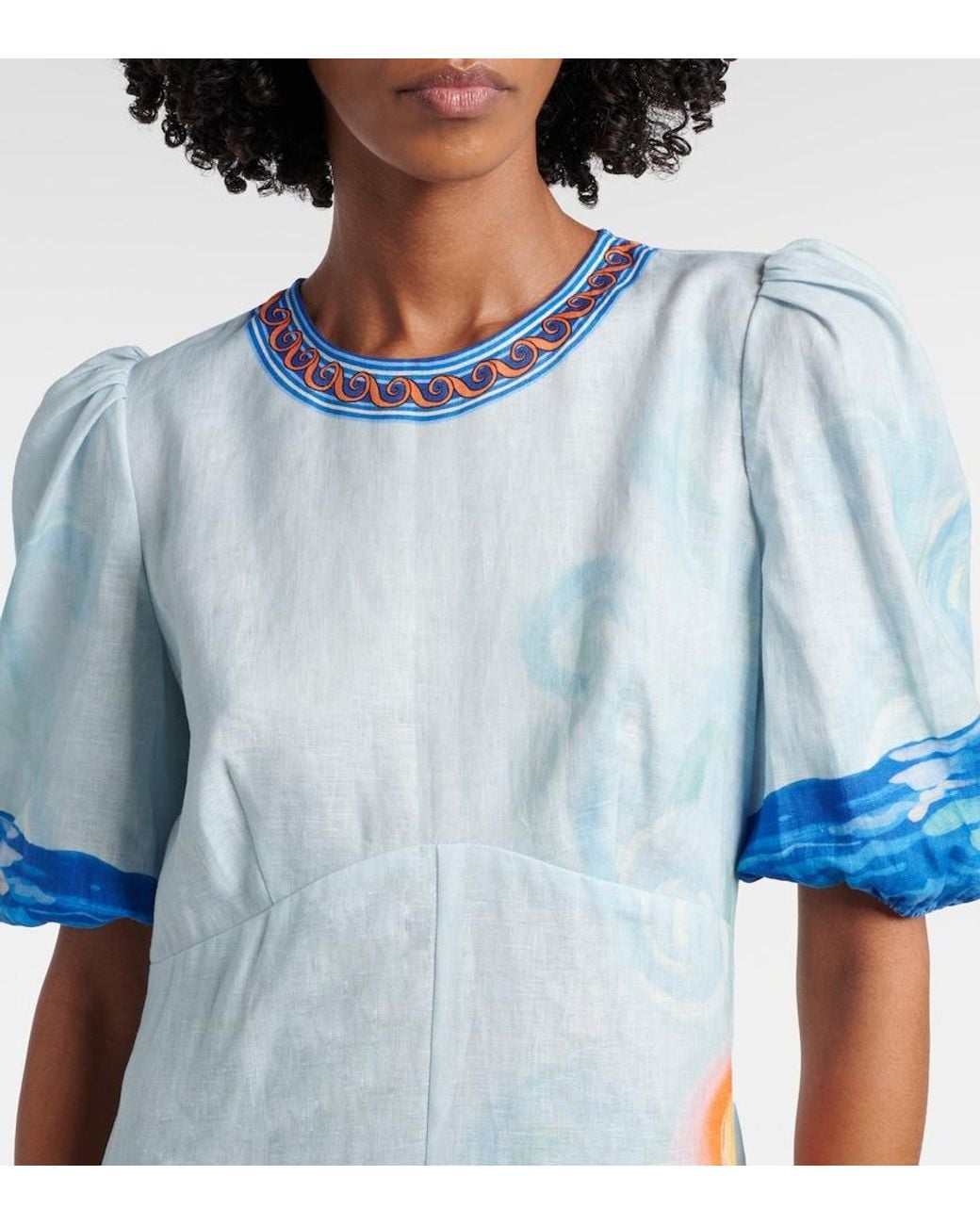 ALÉMAIS Blue Printed Linen Midi Dress