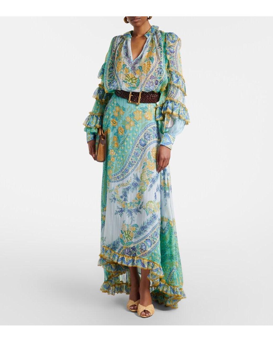 Etro Green Floral Ruffled Silk Blouse