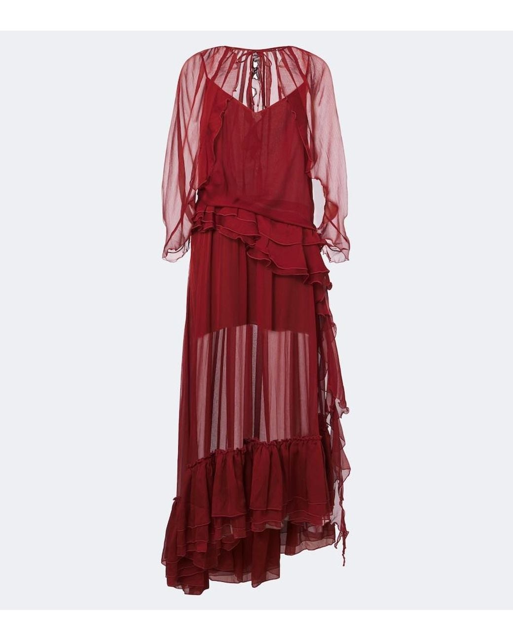 JACQUES WEI Red Ruffled Chiffon Gown