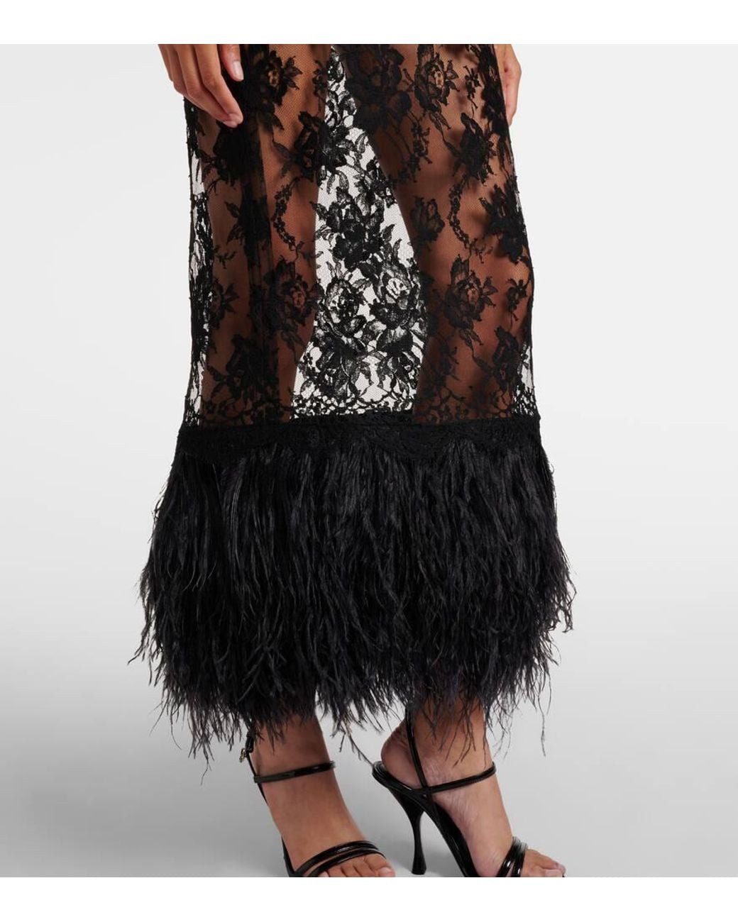 Dolce & Gabbana Black Cotton-Blend Lace Feather-Trim Maxi Dress