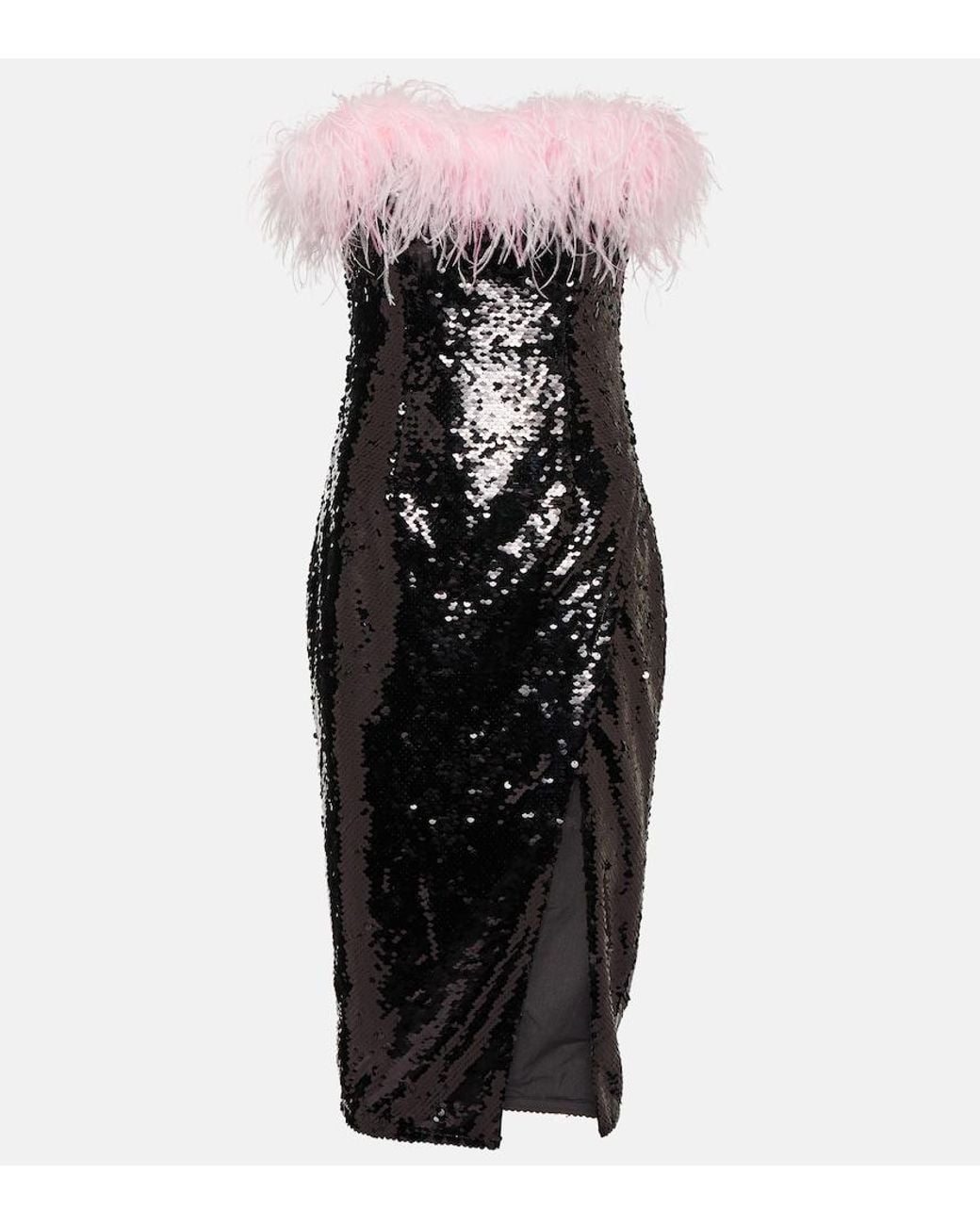 Self-Portrait Black Feather-Trimmed Sequined Midi Dress