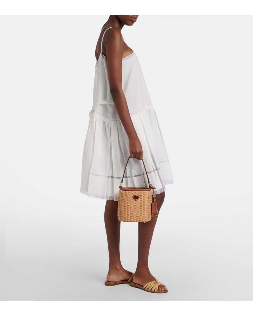 Prada Brown Leather-Trimmed Wicker Bucket Bag
