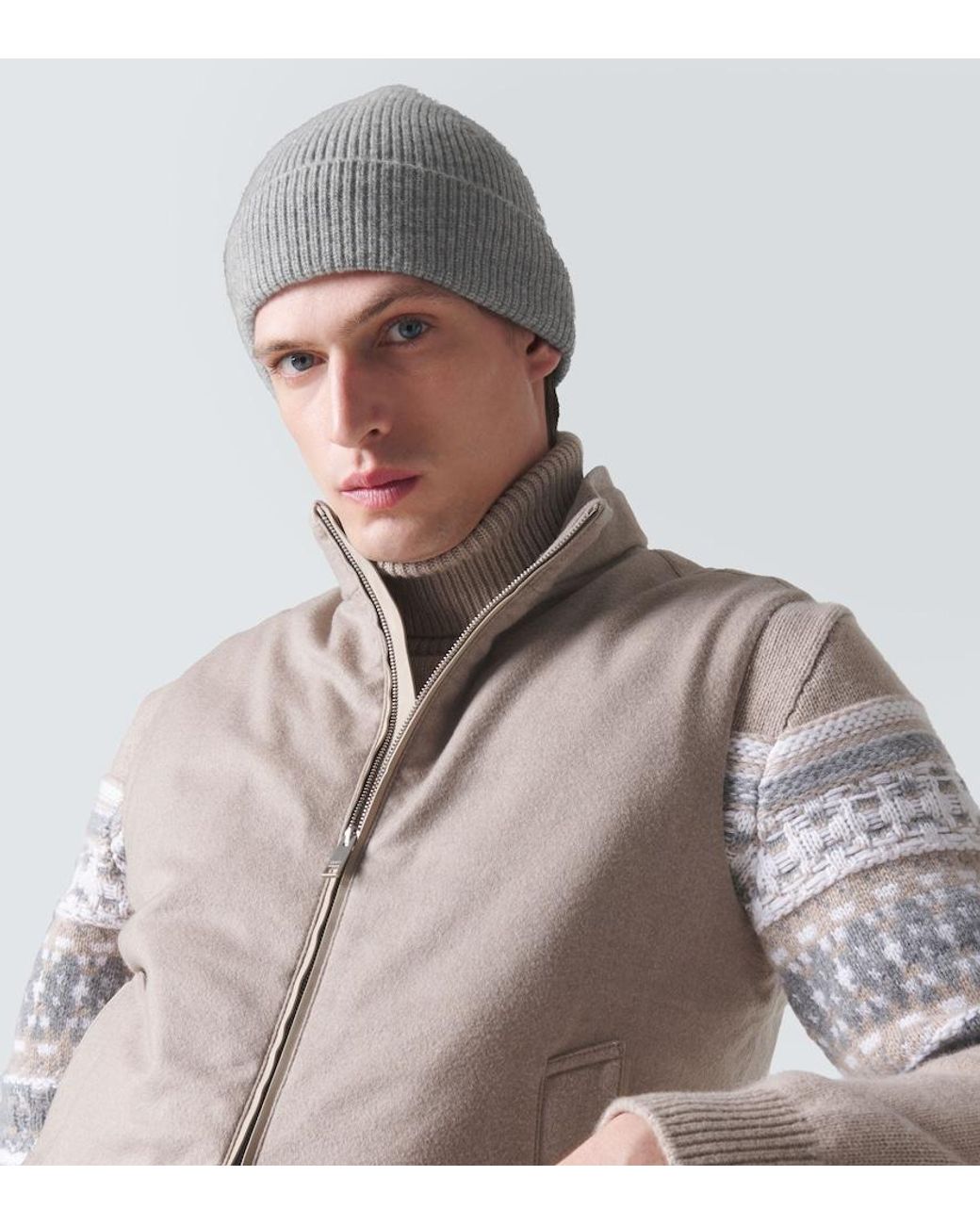 Zegna Gray Ribbed-Knit Cashmere Beanie for men