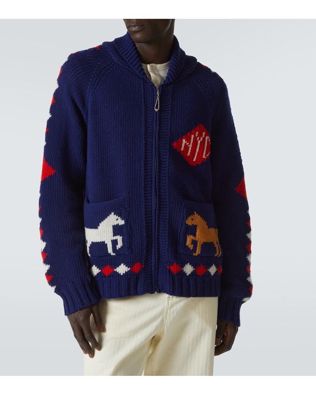 Bode Blue Diamond Corral Wool Zip-Up Cardigan for men
