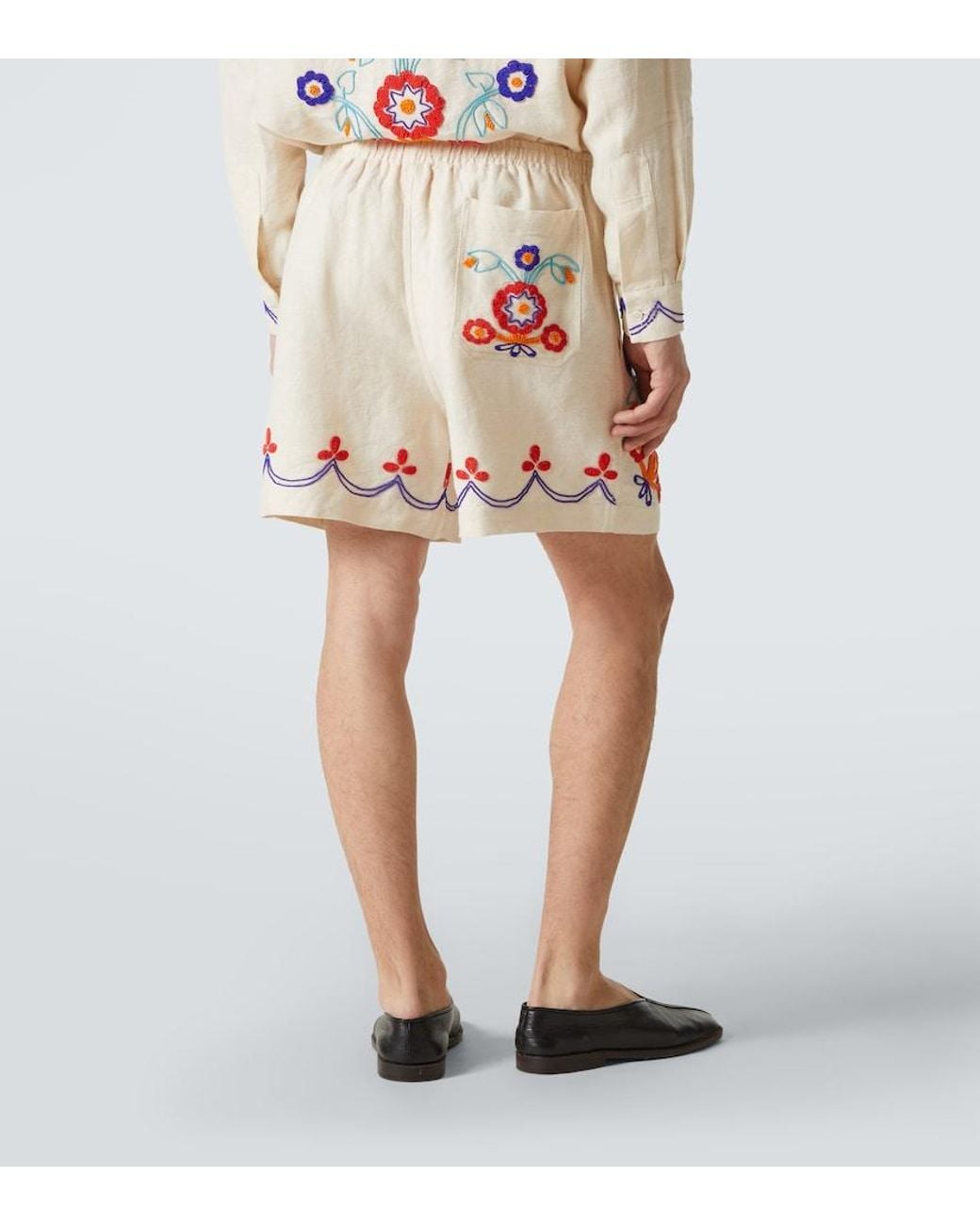 Bode White Garden Party Beaded Linen Bermuda Shorts for men