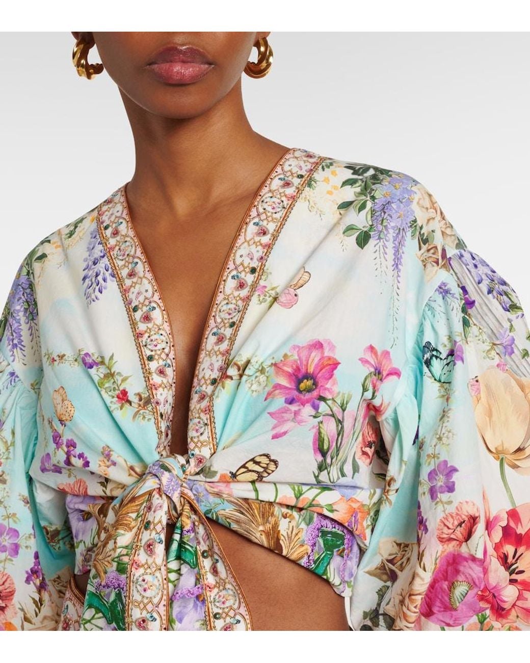 Camilla Multicolor Tie-Front Puff-Sleeve Crop Top