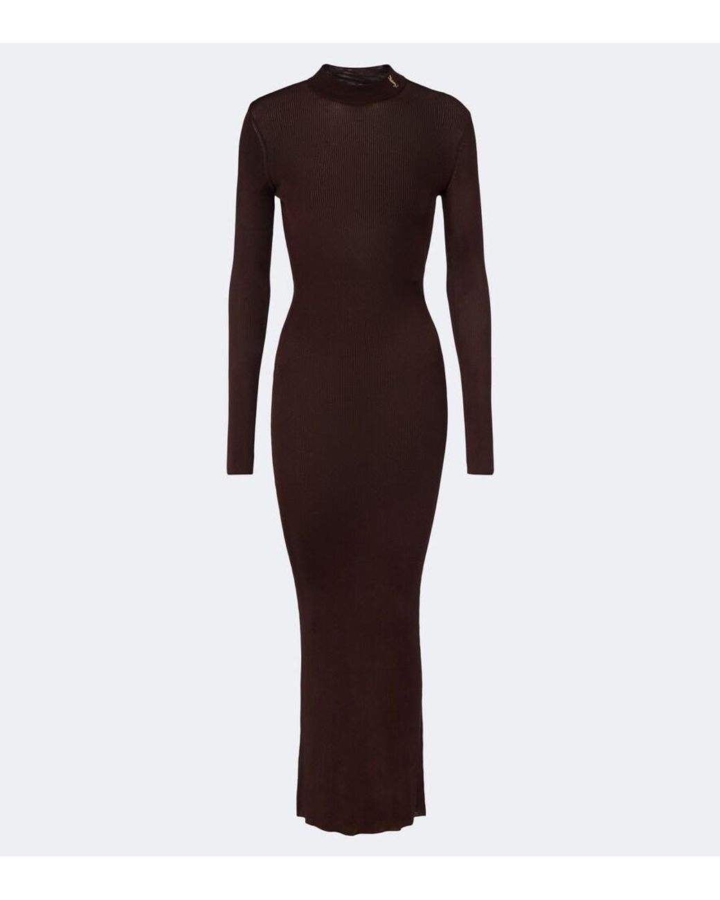 Saint Laurent Brown Cassandre Ribbed-Knit Silk Maxi Dress