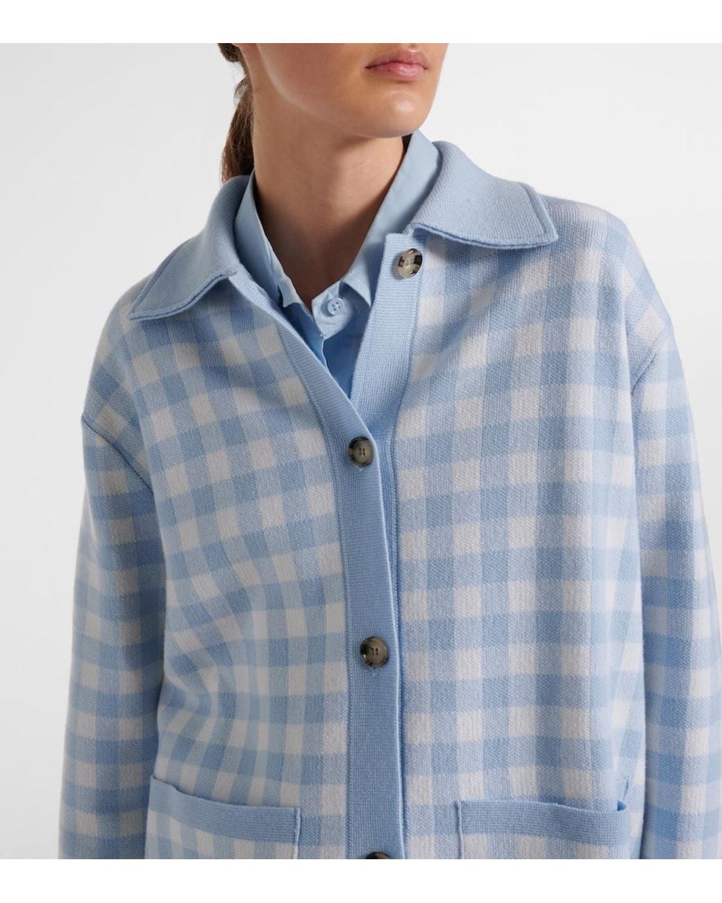 Jardin Des Orangers Blue Gingham Wool And Cashmere Cardigan