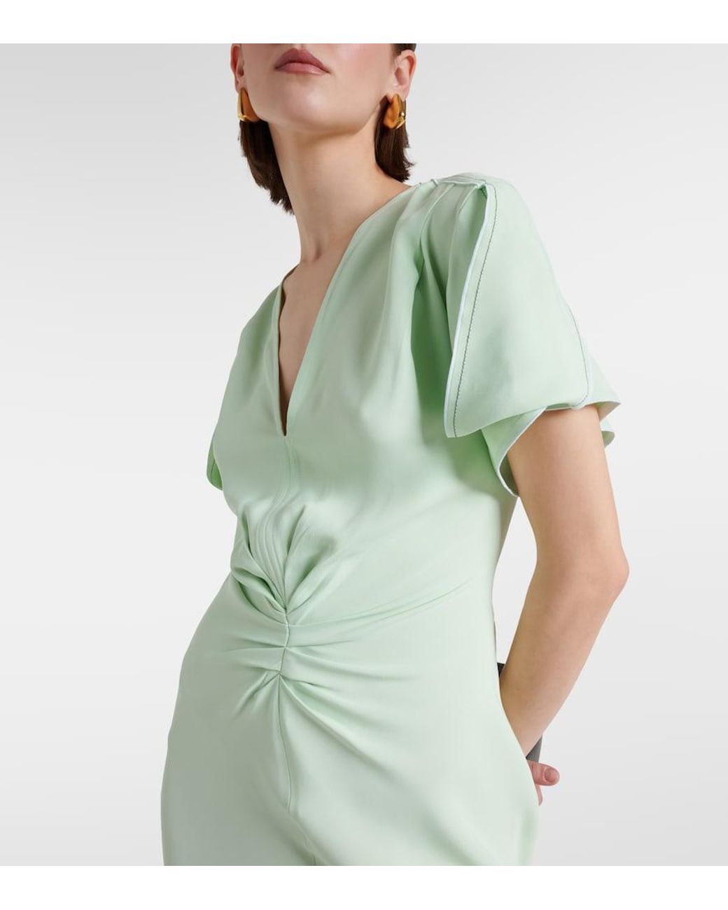 Victoria Beckham Green Gathered V-Neck Midi Dress