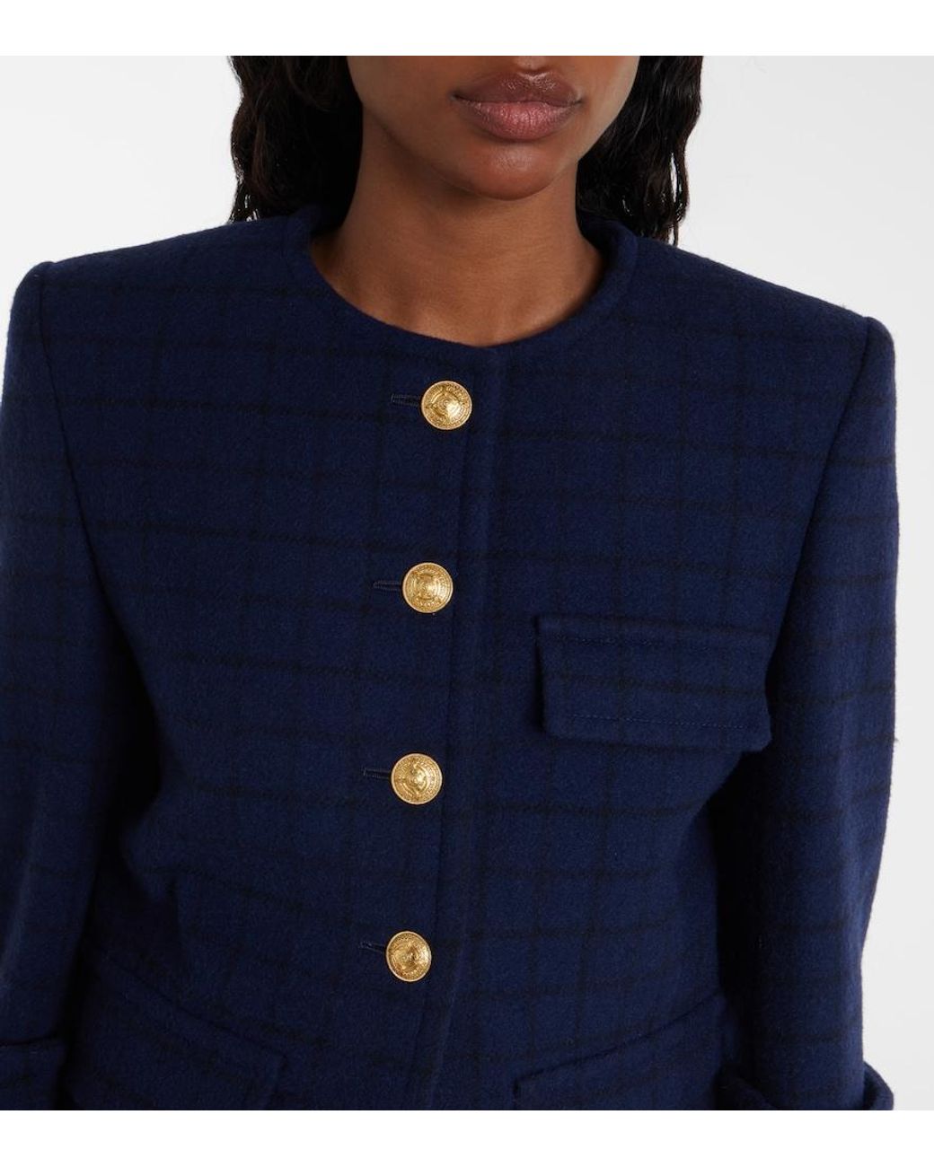 Chloé Blue Checked Cropped Wool-Blend Jacket
