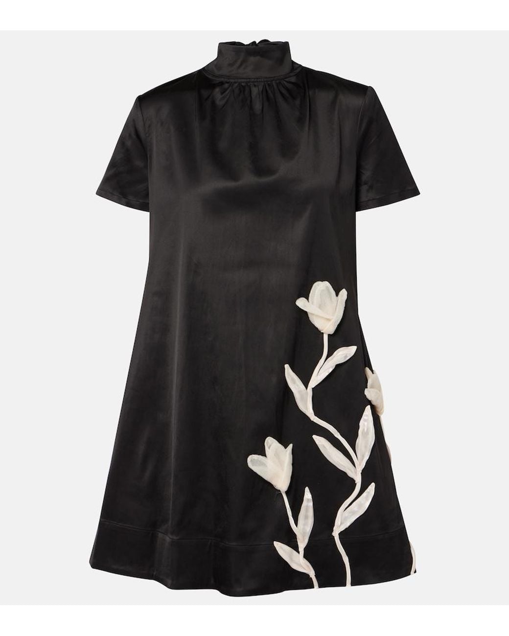 Staud Black Ilana Floral-Applique Satin Minidress