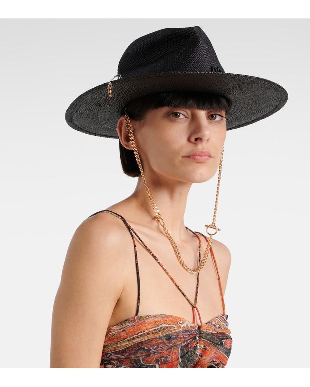 Ruslan Baginskiy Black Logo Chain-Detail Straw Fedora