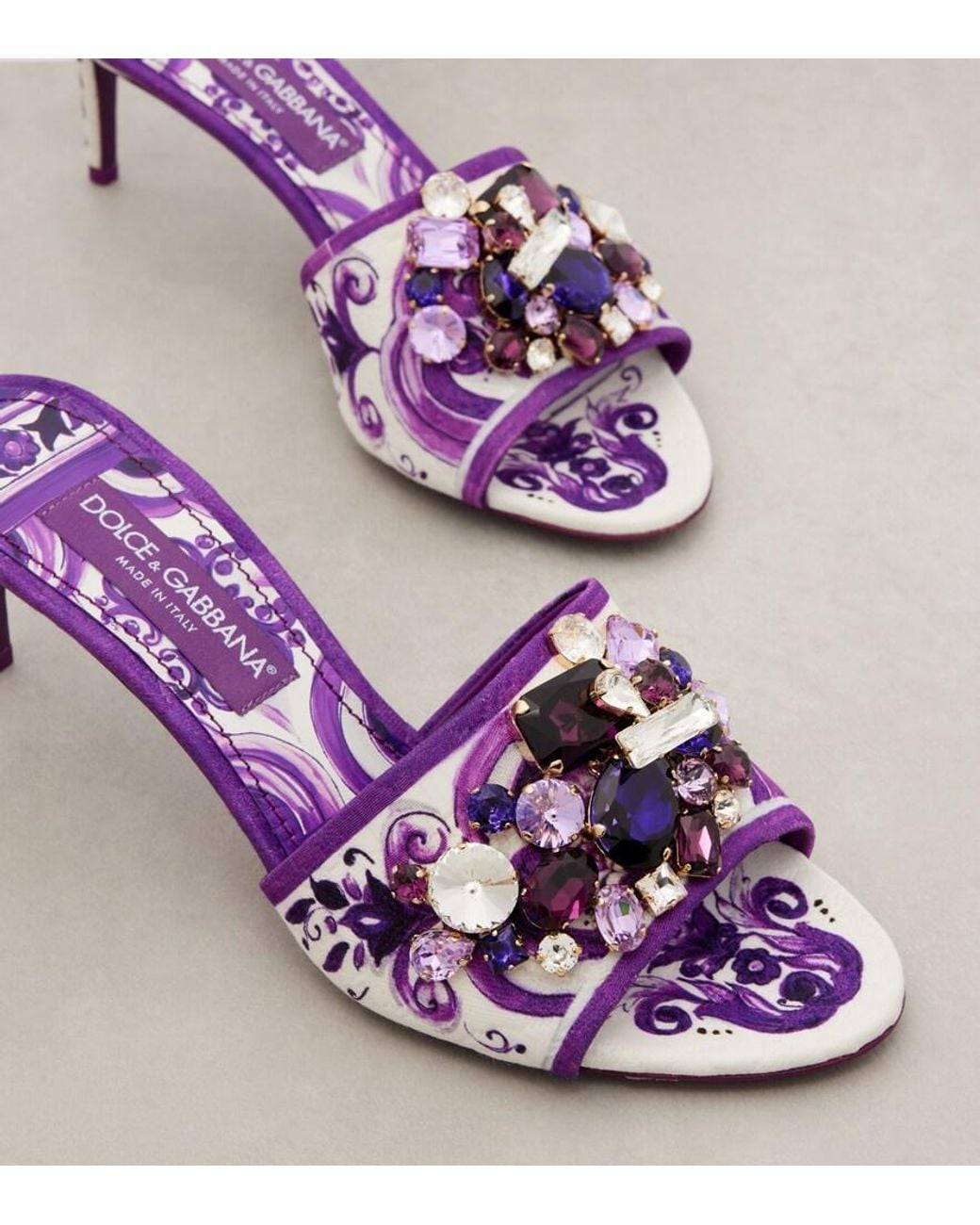 Dolce & Gabbana Purple Brocade Mules With Jewel Embroidery