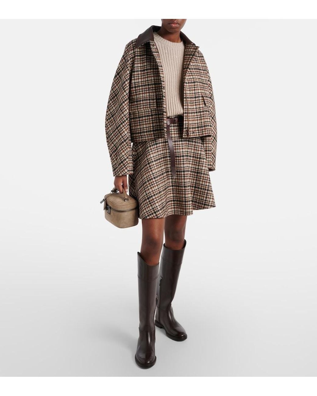 Brunello Cucinelli Natural Houndstooth Wool And Alpaca-Blend Miniskirt